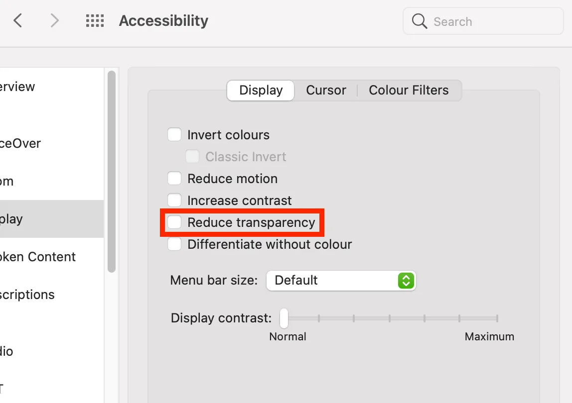reduce transparency option in macos system preferences
